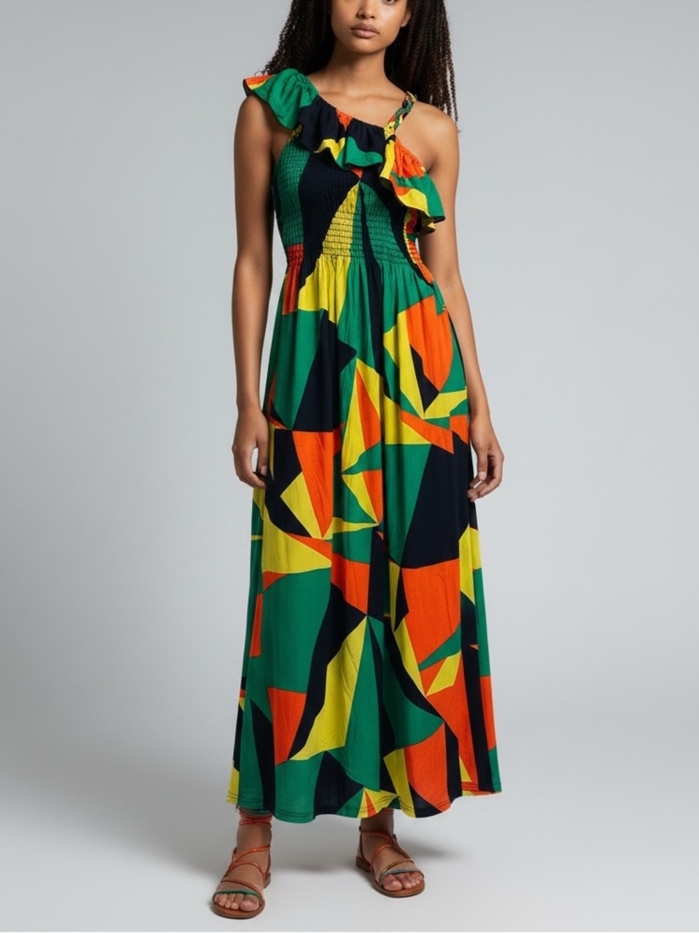 NwT Julia Fashion Silk Blend Maxi Slip Dress SM Green Geometric Asymmetric Beach
